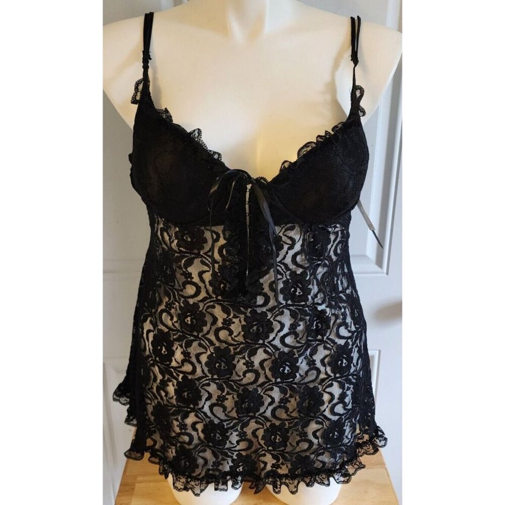 NEW Cinema Etoile Seductive Wear Babydoll Chemise/Thong Set Sheer Black Lace‎ XL